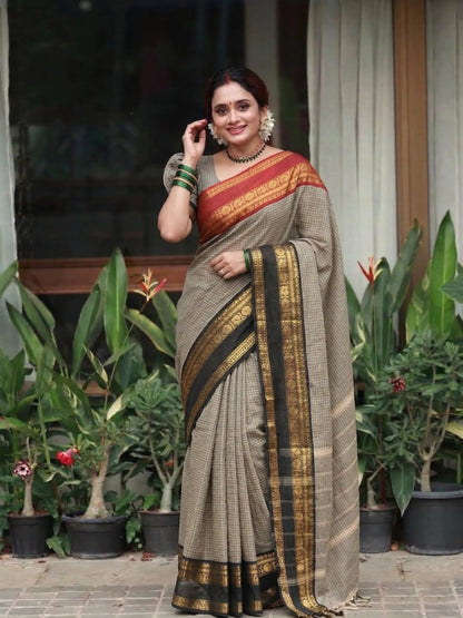 Coffee Brown Checked Cotton Saree with Black Temple Border & Ruby Red Traditional Pallu