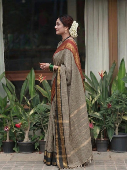 Coffee Brown Checked Cotton Saree with Black Temple Border & Ruby Red Traditional Pallu