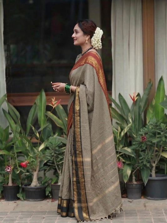 Coffee Brown Checked Cotton Saree with Black Temple Border & Ruby Red Traditional Pallu