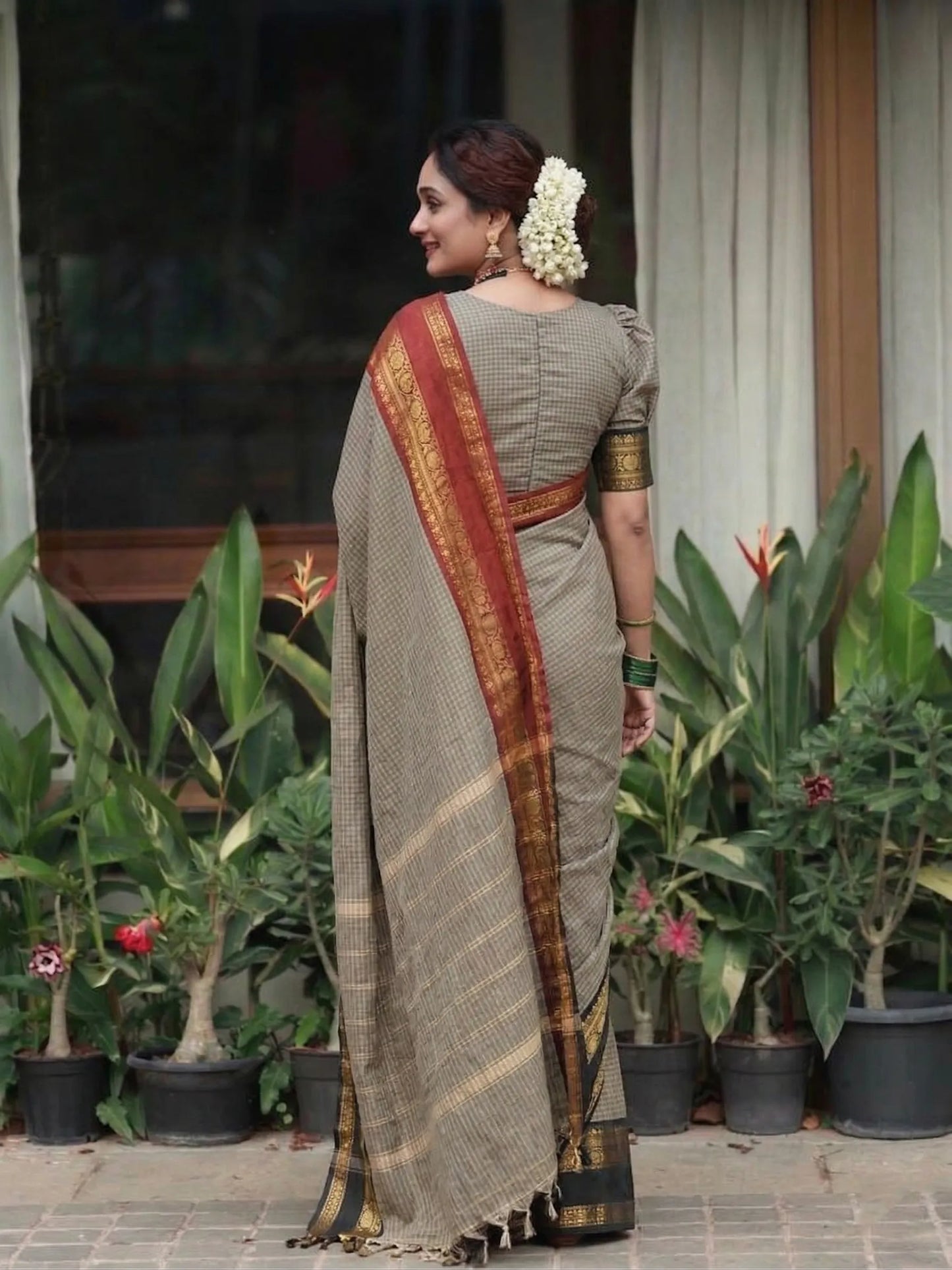 Coffee Brown Checked Cotton Saree with Black Temple Border & Ruby Red Traditional Pallu