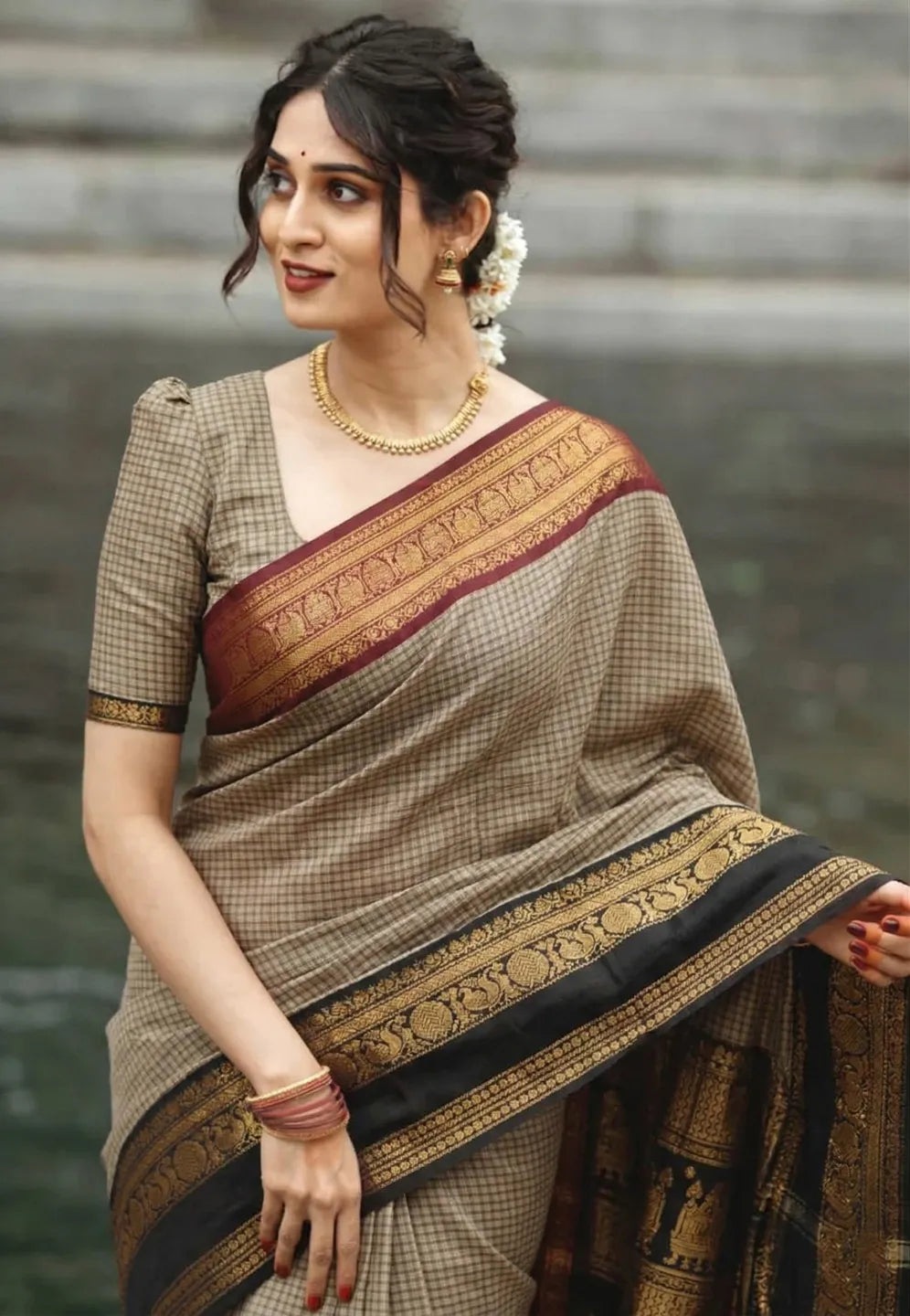 Coffee Brown Checked Cotton Saree with Black Temple Border & Ruby Red Traditional Pallu
