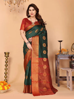 Bottle Green Soft Silk Saree with Vermilion Red Zari Border & Circular Floral Medallion Motifs