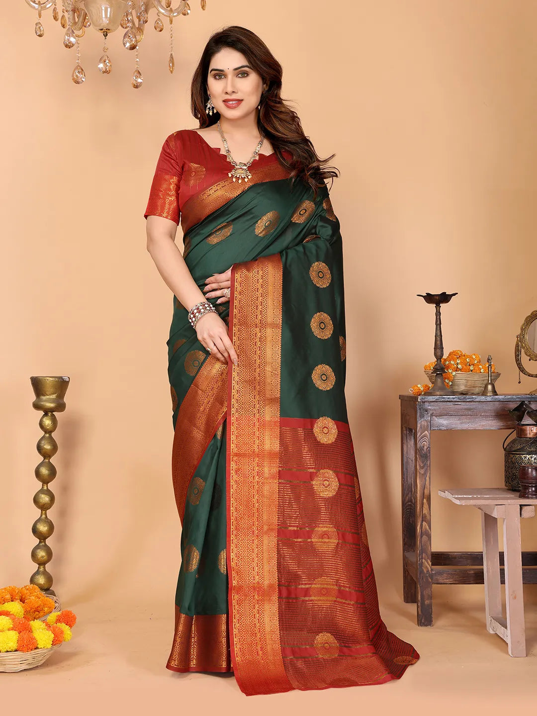 Bottle Green Soft Silk Saree with Vermilion Red Zari Border & Circular Floral Medallion Motifs