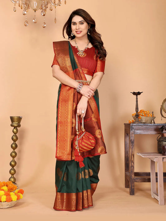 Bottle Green Soft Silk Saree with Vermilion Red Zari Border & Circular Floral Medallion Motifs