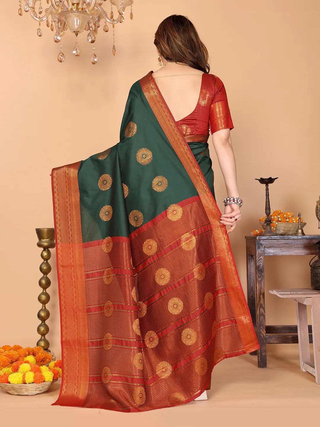 Bottle Green Soft Silk Saree with Vermilion Red Zari Border & Circular Floral Medallion Motifs