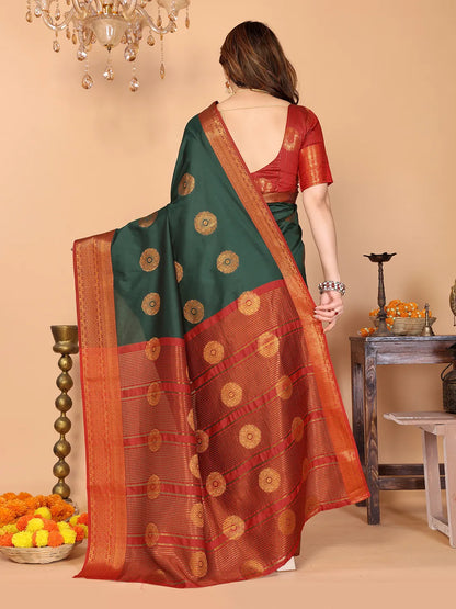 Bottle Green Soft Silk Saree with Vermilion Red Zari Border & Circular Floral Medallion Motifs