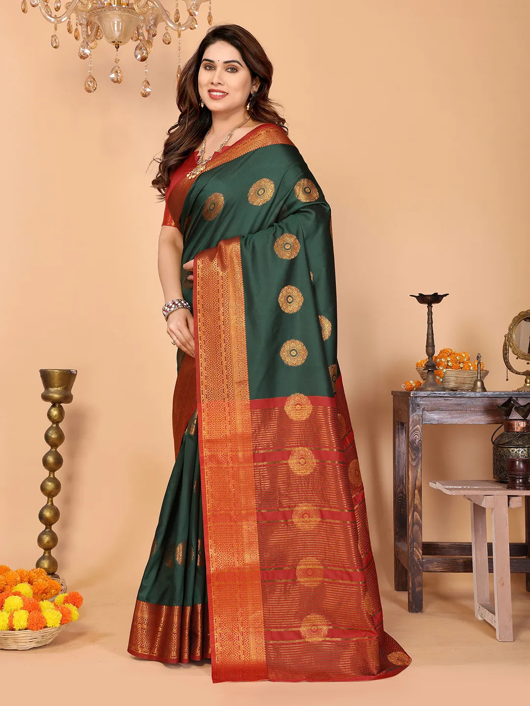 Bottle Green Soft Silk Saree with Vermilion Red Zari Border & Circular Floral Medallion Motifs