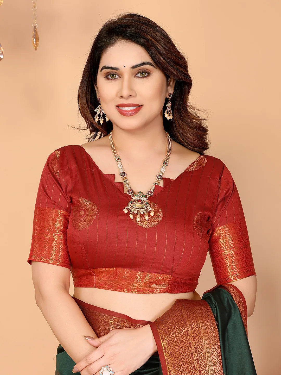 Bottle Green Soft Silk Saree with Vermilion Red Zari Border & Circular Floral Medallion Motifs