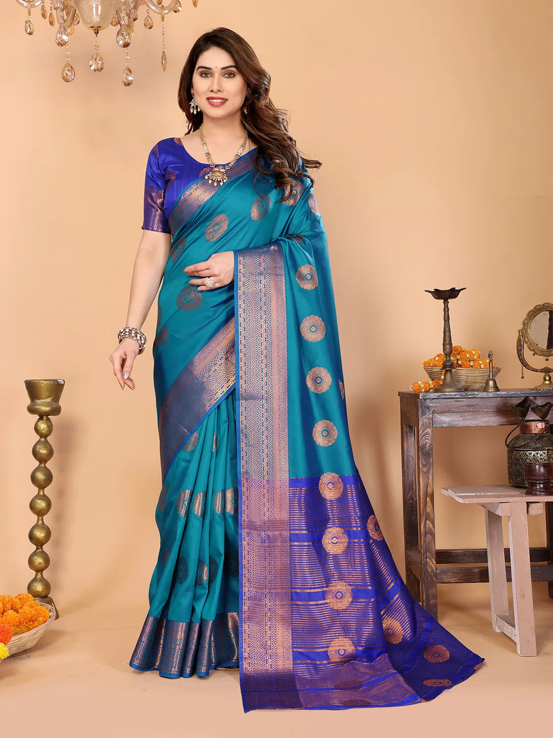 Firozi Blue Soft Silk Saree with Royal Blue Zari Border & Circular Floral Medallion Motifs