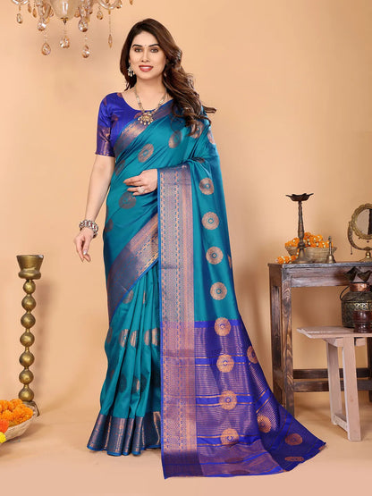 Firozi Blue Soft Silk Saree with Royal Blue Zari Border & Circular Floral Medallion Motifs