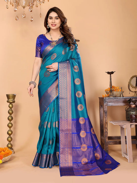 Firozi Blue Soft Silk Saree with Royal Blue Zari Border & Circular Floral Medallion Motifs