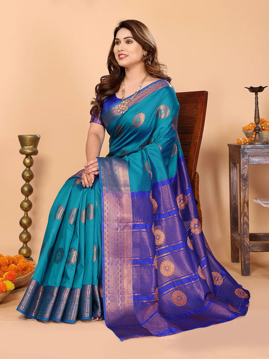 Firozi Blue Soft Silk Saree with Royal Blue Zari Border & Circular Floral Medallion Motifs