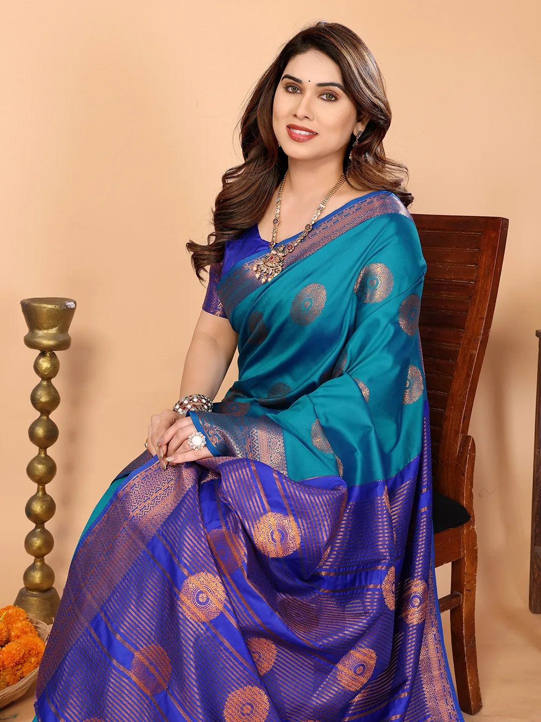 Firozi Blue Soft Silk Saree with Royal Blue Zari Border & Circular Floral Medallion Motifs