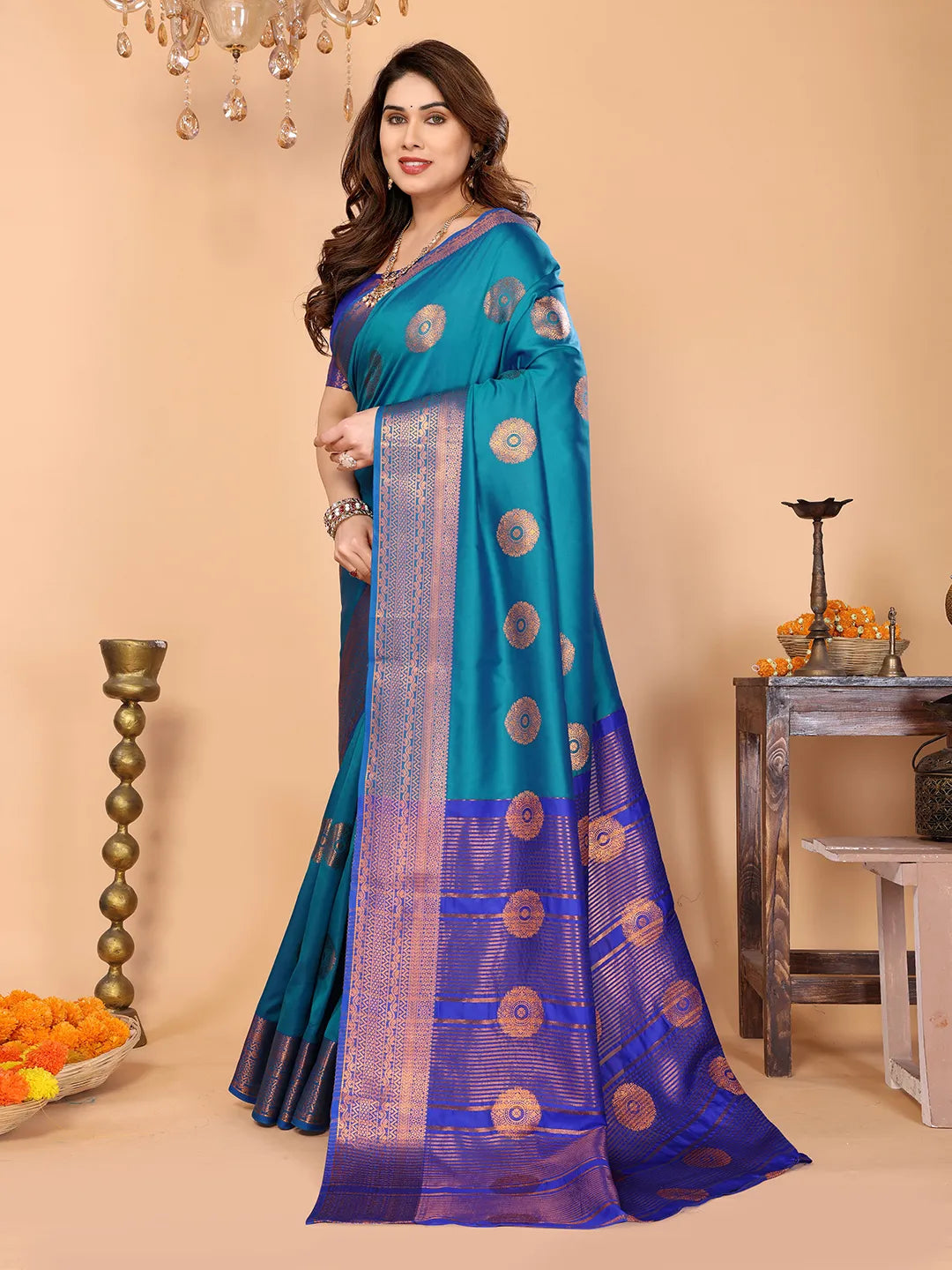 Firozi Blue Soft Silk Saree with Royal Blue Zari Border & Circular Floral Medallion Motifs