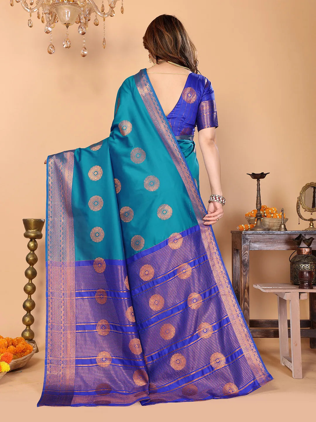 Firozi Blue Soft Silk Saree with Royal Blue Zari Border & Circular Floral Medallion Motifs