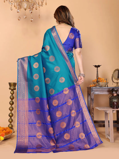 Firozi Blue Soft Silk Saree with Royal Blue Zari Border & Circular Floral Medallion Motifs