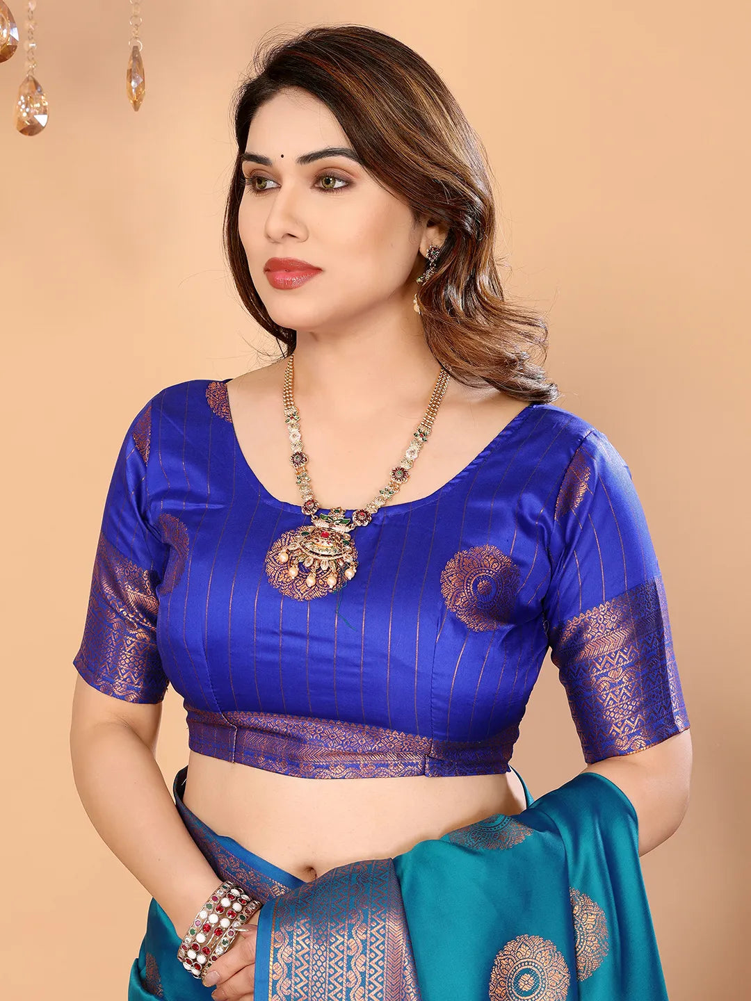 Firozi Blue Soft Silk Saree with Royal Blue Zari Border & Circular Floral Medallion Motifs