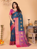 Steel Blue Soft Silk Saree with Magenta Pink Zari Border & Circular Floral Medallion Motifs