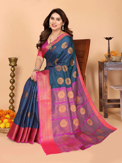 Steel Blue Soft Silk Saree with Magenta Pink Zari Border & Circular Floral Medallion Motifs