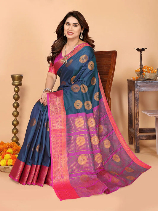 Steel Blue Soft Silk Saree with Magenta Pink Zari Border & Circular Floral Medallion Motifs