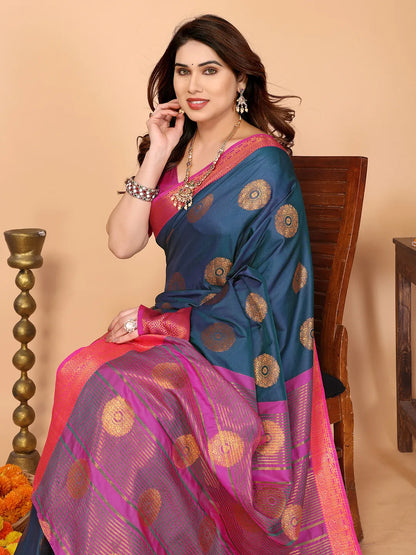 Steel Blue Soft Silk Saree with Magenta Pink Zari Border & Circular Floral Medallion Motifs