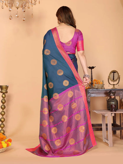 Steel Blue Soft Silk Saree with Magenta Pink Zari Border & Circular Floral Medallion Motifs