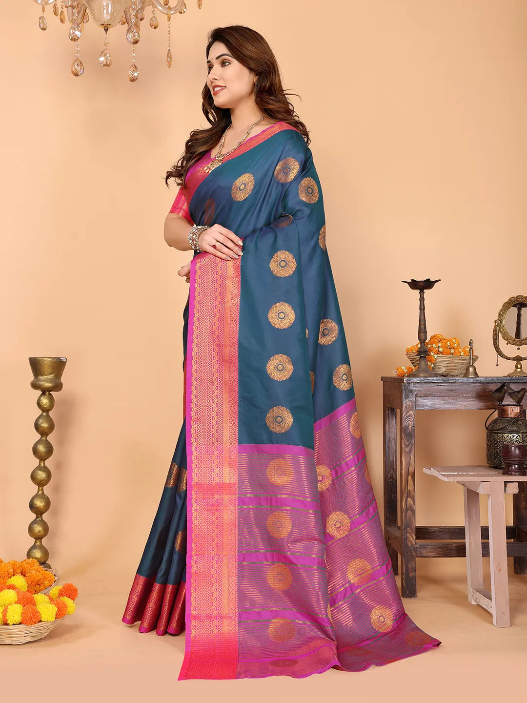 Steel Blue Soft Silk Saree with Magenta Pink Zari Border & Circular Floral Medallion Motifs