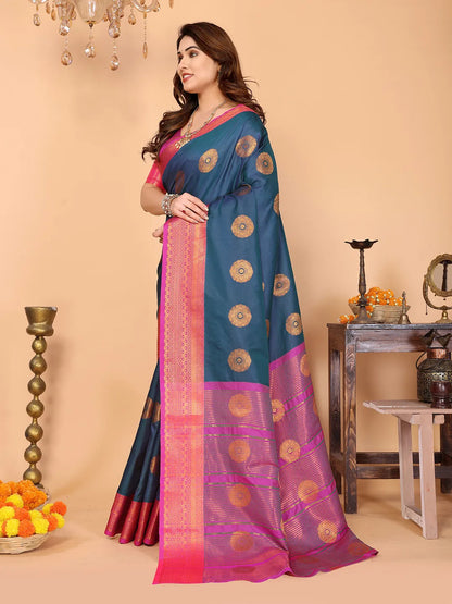 Steel Blue Soft Silk Saree with Magenta Pink Zari Border & Circular Floral Medallion Motifs