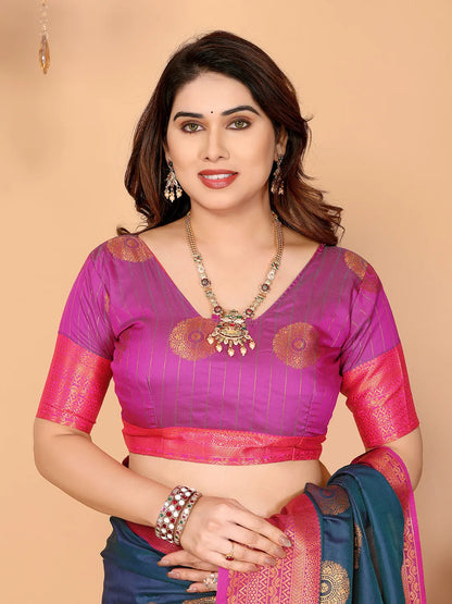 Steel Blue Soft Silk Saree with Magenta Pink Zari Border & Circular Floral Medallion Motifs