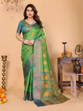 Parrot Green Soft Silk Saree with Peacock Blue Zari Border & Circular Floral Medallion Motifs