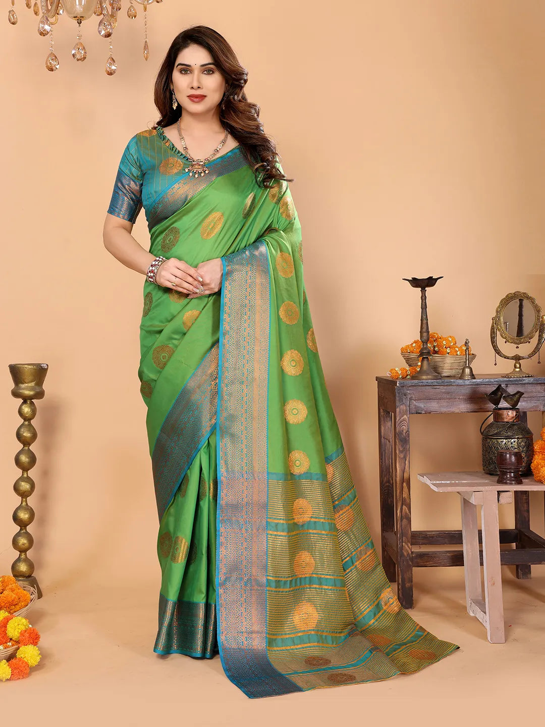 Parrot Green Soft Silk Saree with Peacock Blue Zari Border & Circular Floral Medallion Motifs
