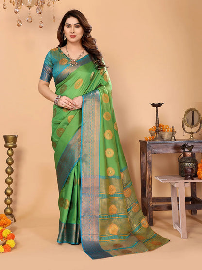 Parrot Green Soft Silk Saree with Peacock Blue Zari Border & Circular Floral Medallion Motifs