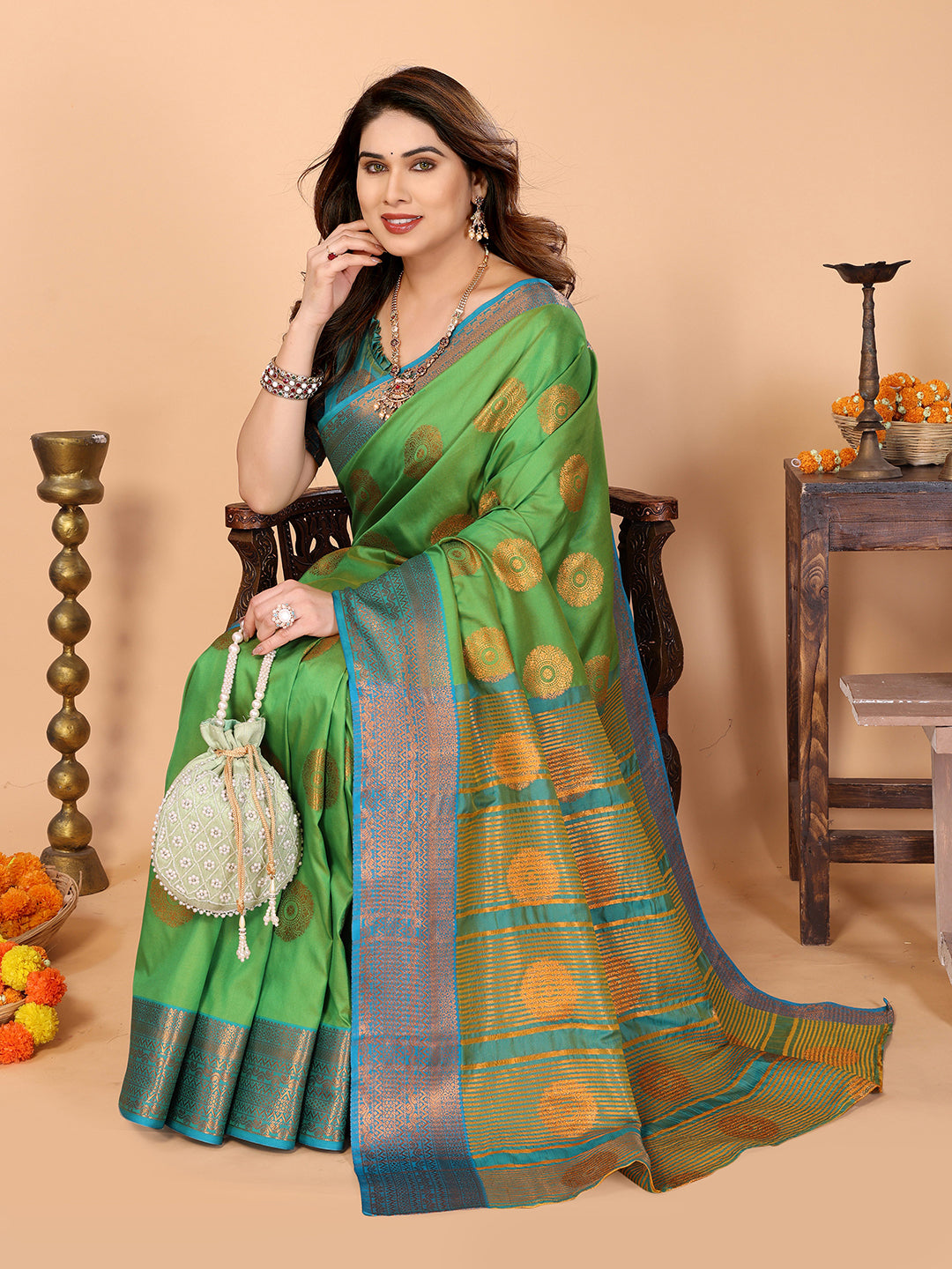 Parrot Green Soft Silk Saree with Peacock Blue Zari Border & Circular Floral Medallion Motifs