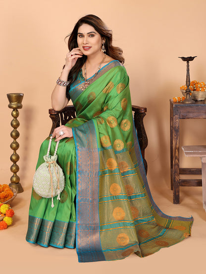 Parrot Green Soft Silk Saree with Peacock Blue Zari Border & Circular Floral Medallion Motifs