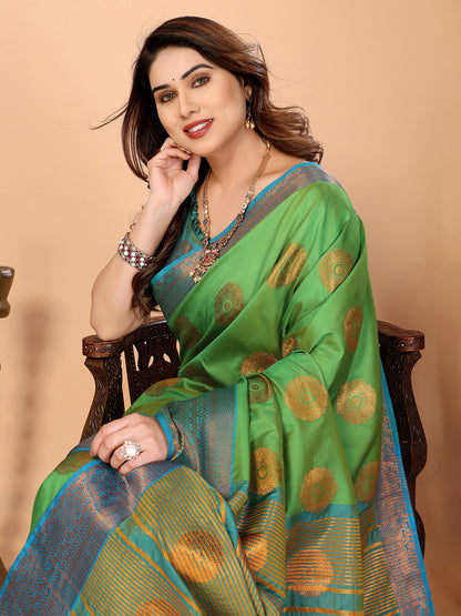 Parrot Green Soft Silk Saree with Peacock Blue Zari Border & Circular Floral Medallion Motifs