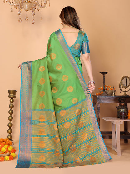 Parrot Green Soft Silk Saree with Peacock Blue Zari Border & Circular Floral Medallion Motifs