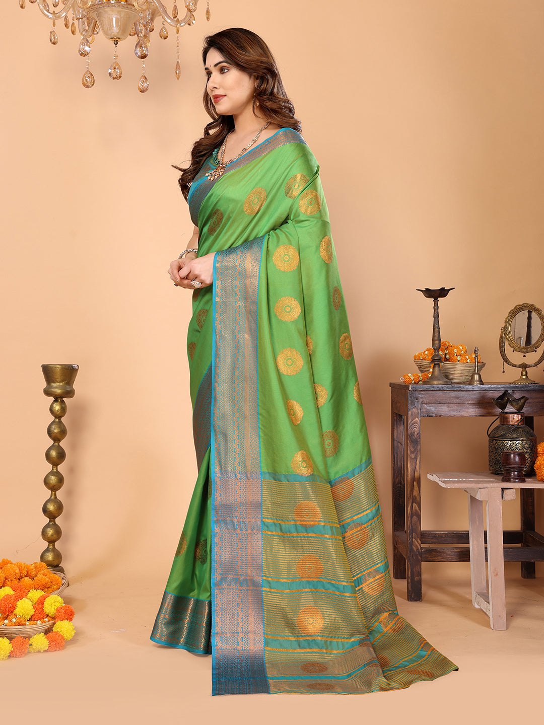 Parrot Green Soft Silk Saree with Peacock Blue Zari Border & Circular Floral Medallion Motifs