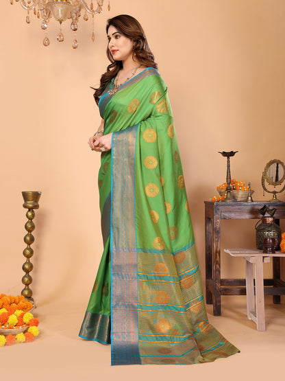 Parrot Green Soft Silk Saree with Peacock Blue Zari Border & Circular Floral Medallion Motifs