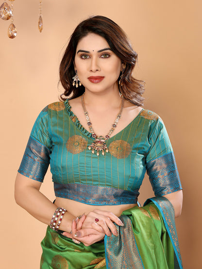 Parrot Green Soft Silk Saree with Peacock Blue Zari Border & Circular Floral Medallion Motifs