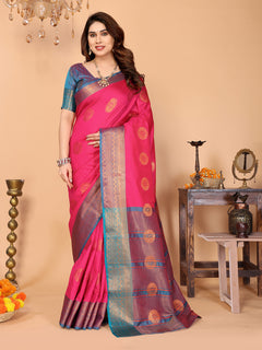 Hot Pink Soft Silk Saree with Peacock Blue Zari Border & Circular Floral Medallion Motifs