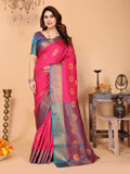 Hot Pink Soft Silk Saree with Peacock Blue Zari Border & Circular Floral Medallion Motifs