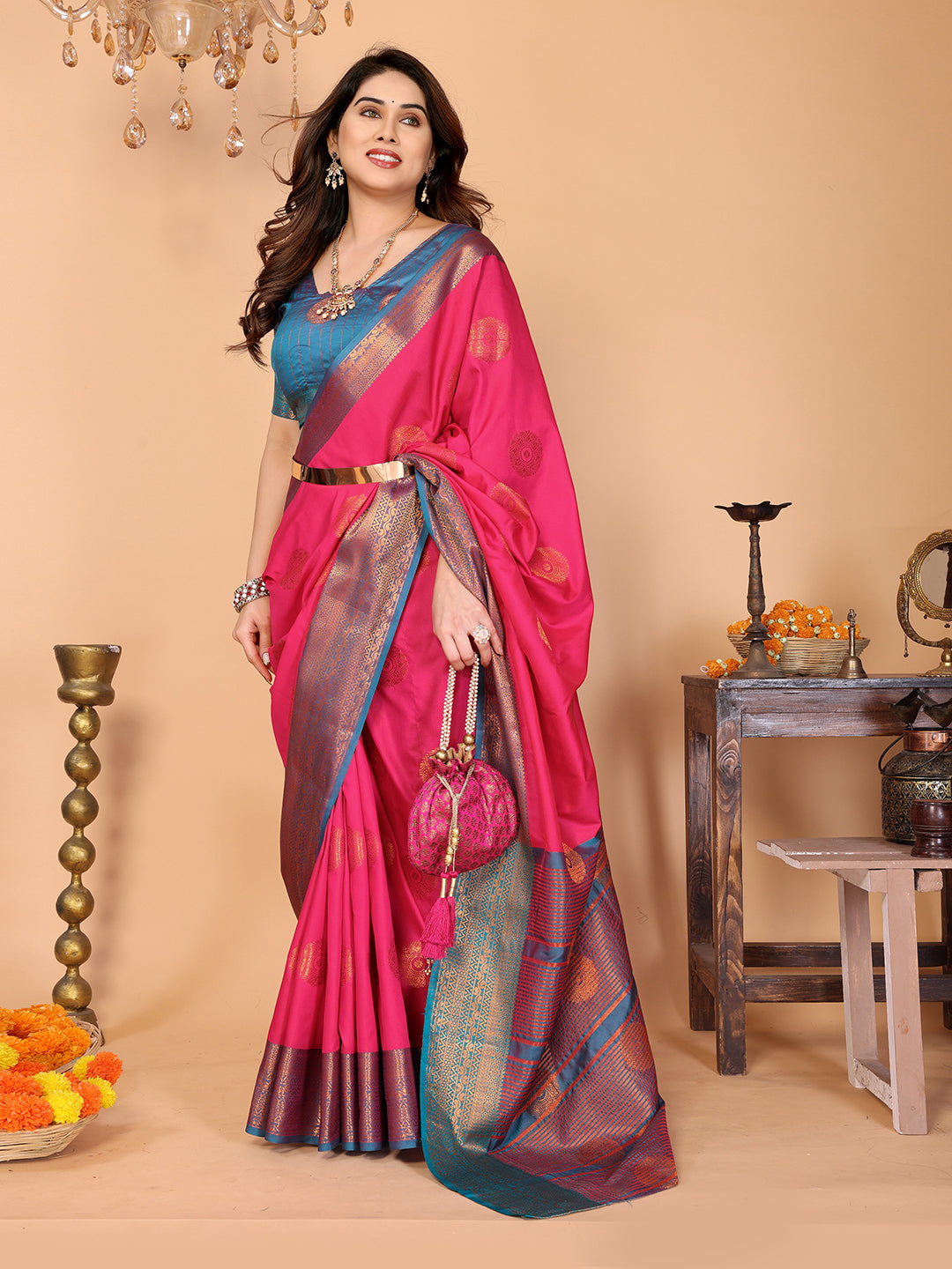 Hot Pink Soft Silk Saree with Peacock Blue Zari Border & Circular Floral Medallion Motifs