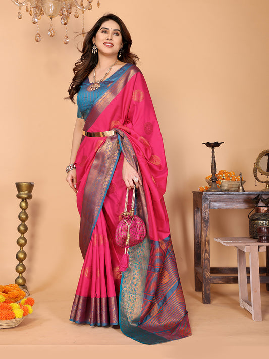 Hot Pink Soft Silk Saree with Peacock Blue Zari Border & Circular Floral Medallion Motifs
