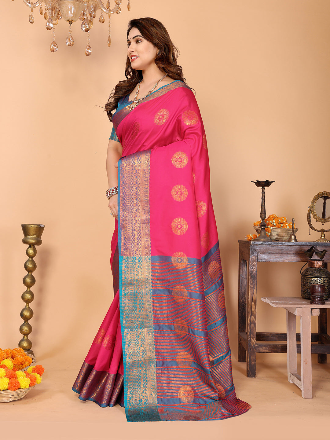 Hot Pink Soft Silk Saree with Peacock Blue Zari Border & Circular Floral Medallion Motifs