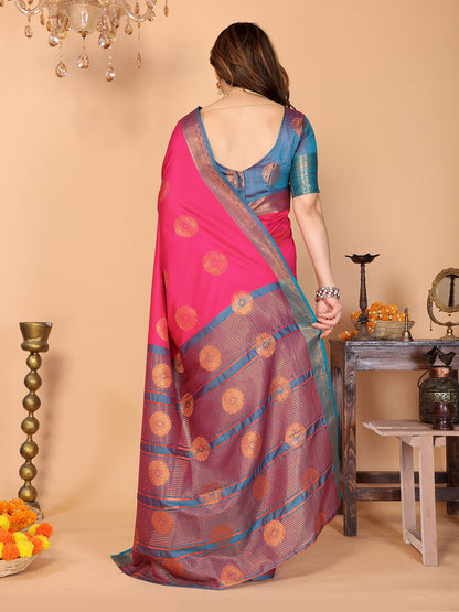 Hot Pink Soft Silk Saree with Peacock Blue Zari Border & Circular Floral Medallion Motifs