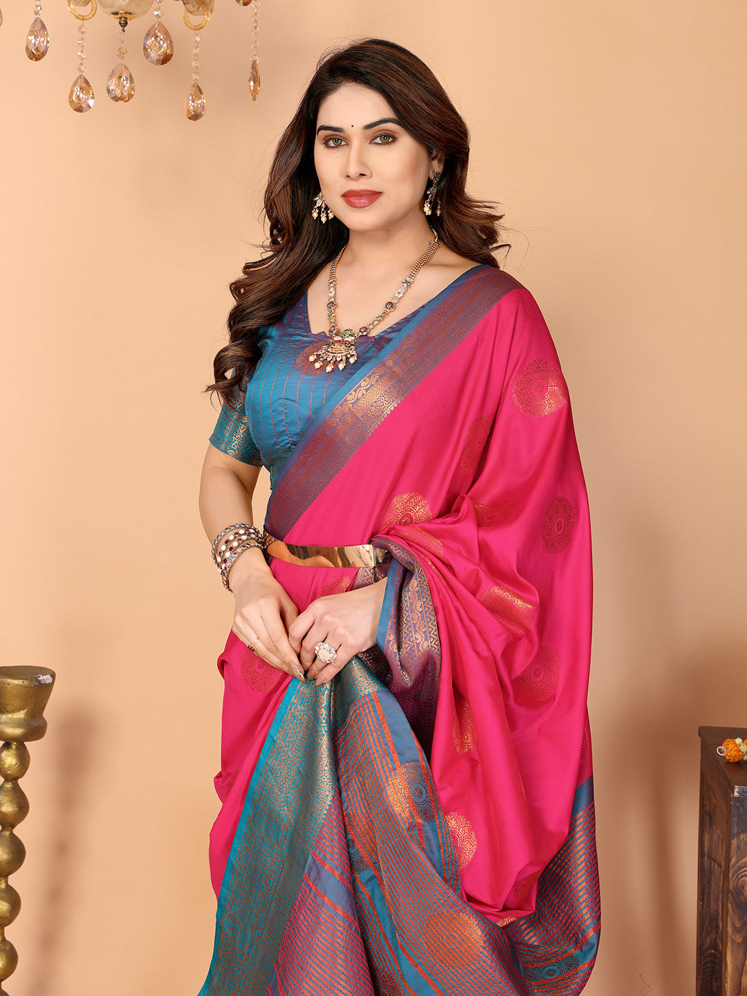 Hot Pink Soft Silk Saree with Peacock Blue Zari Border & Circular Floral Medallion Motifs