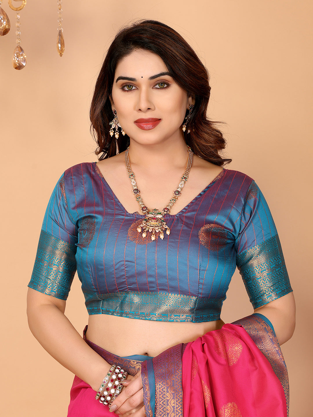 Hot Pink Soft Silk Saree with Peacock Blue Zari Border & Circular Floral Medallion Motifs