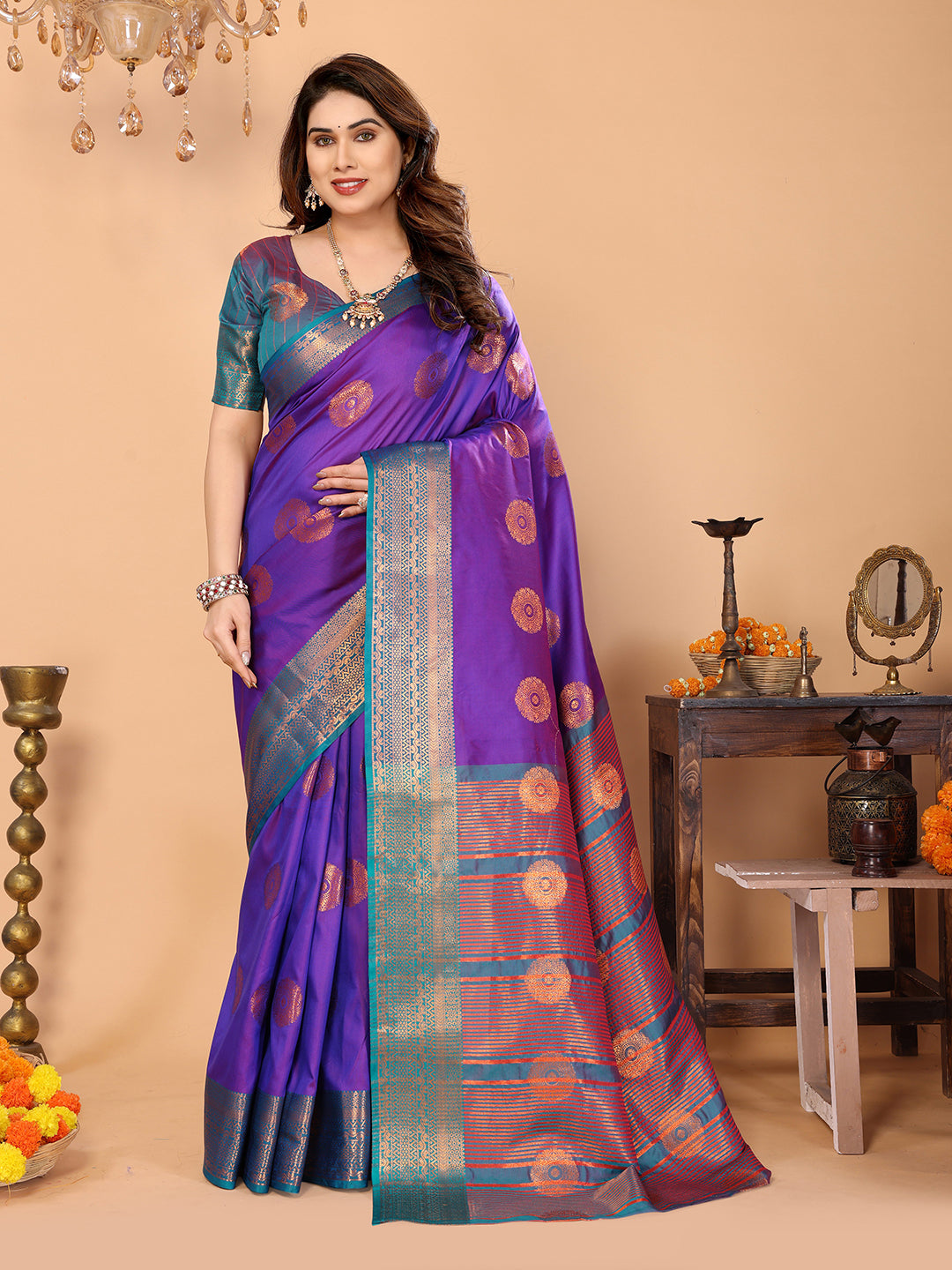 Royal Purple Soft Silk Saree with Peacock Blue Zari Border & Circular Floral Medallion Motifs
