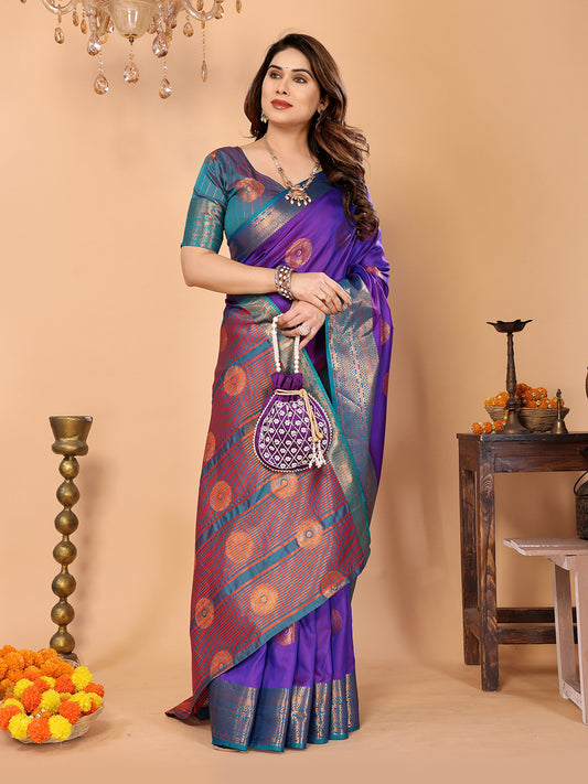 Royal Purple Soft Silk Saree with Peacock Blue Zari Border & Circular Floral Medallion Motifs