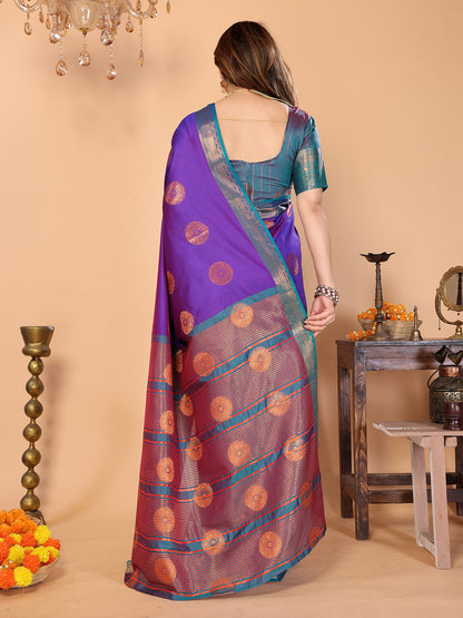 Royal Purple Soft Silk Saree with Peacock Blue Zari Border & Circular Floral Medallion Motifs